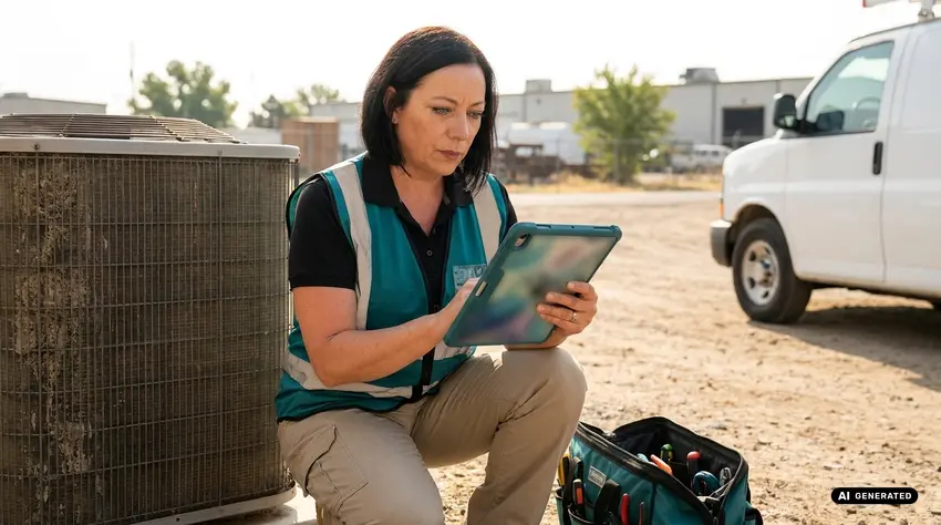 HVAC technician using a tablet beside an air conditioning unit and a van