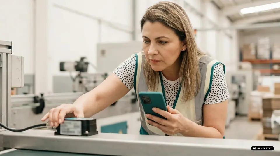 Woman in a warehouse using a smartphone