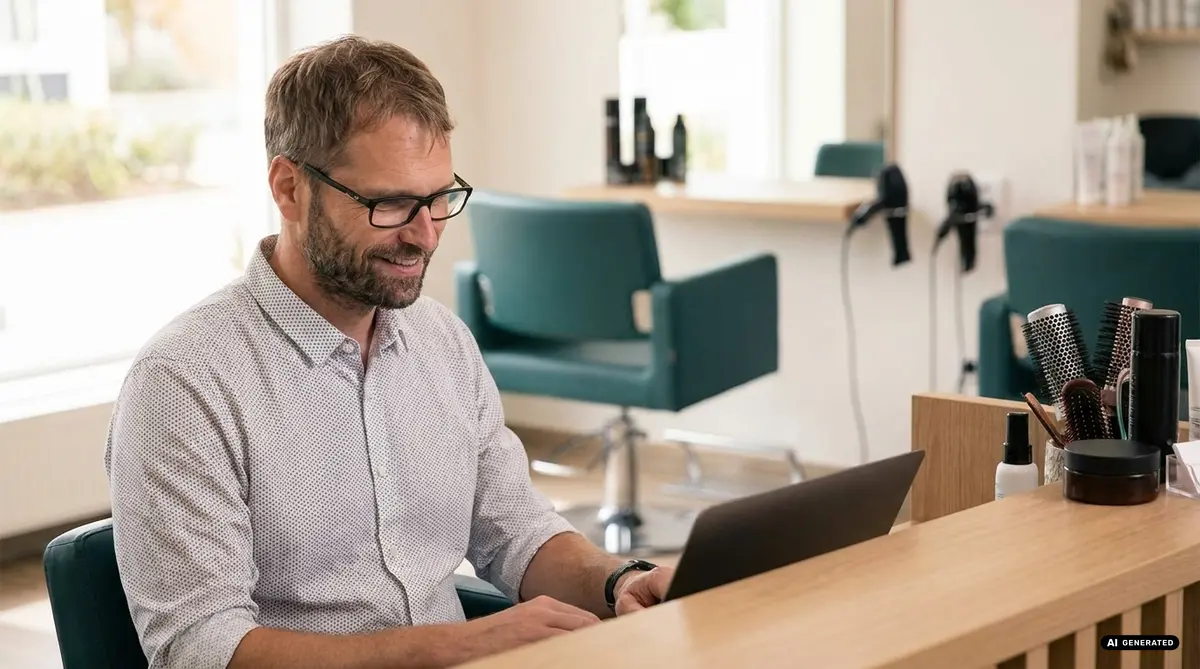 Man working on a laptop at a hair salon desk