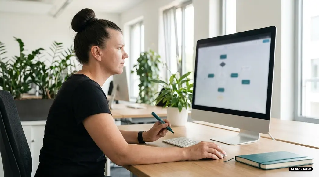 Mujer trabajando en una computadora de escritorio grande en una oficina luminosa