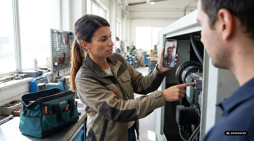 Woman providing machine repair guidance via video call in workshop