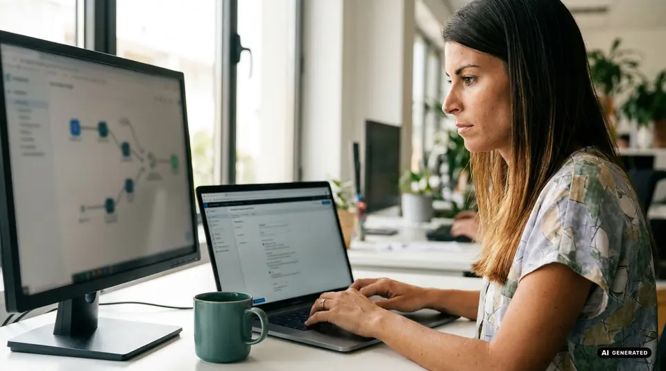 Woman working at a desk with a laptop and monitor