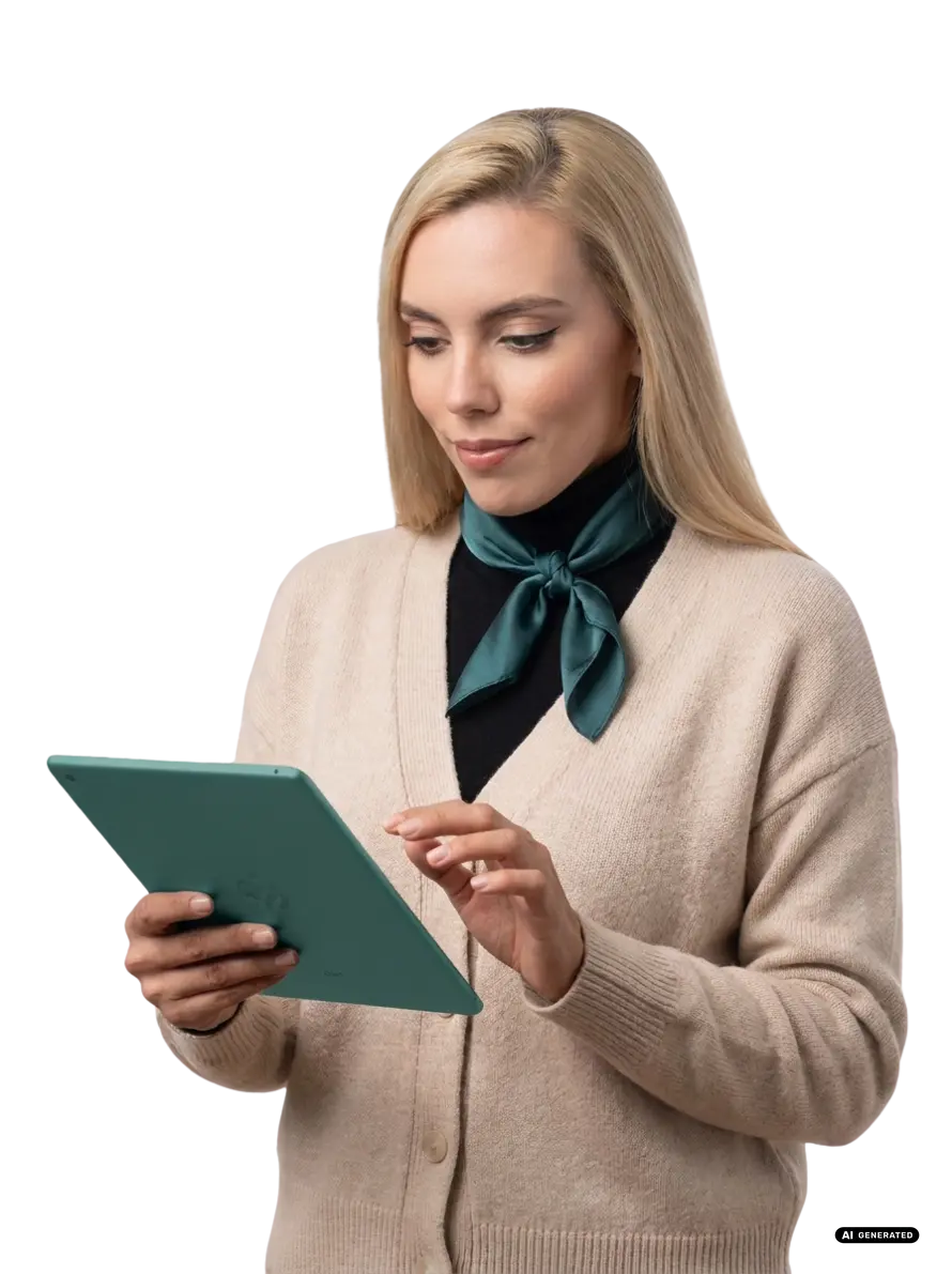 Woman using a green tablet, wearing a teal scarf and beige cardigan
