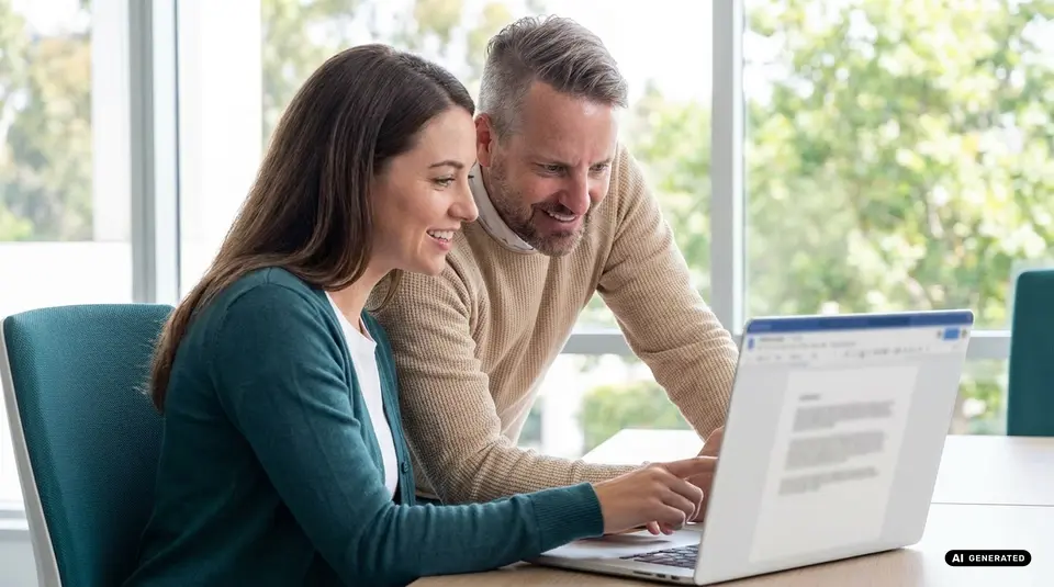 Two people collaborating on a laptop in a bright office.