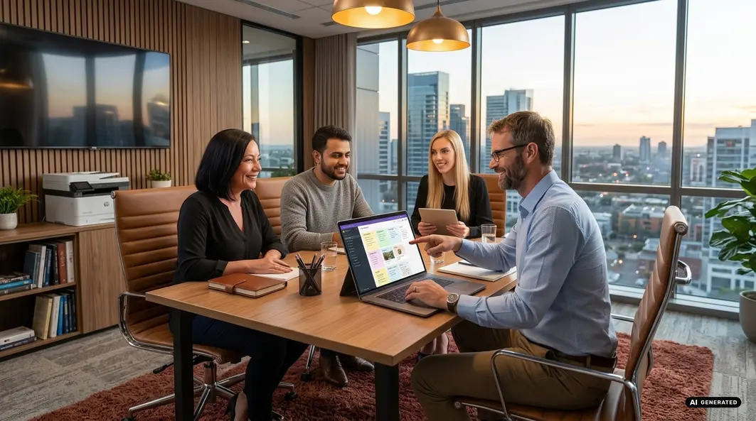 Four professionals having a meeting in a modern office with city view