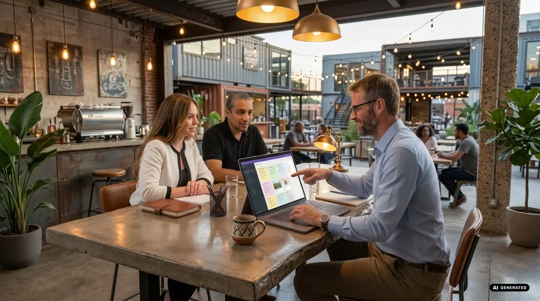 Three people at a table in a cafe discussing with a laptop open
