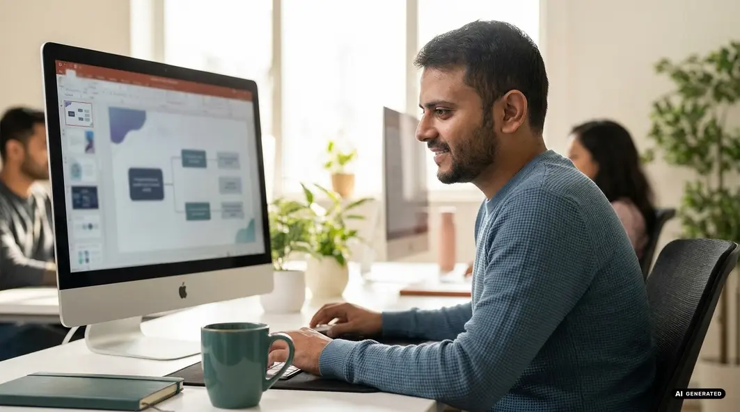 Man working on a computer at an office desk with a presentation on screen