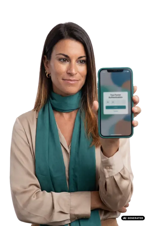 Frau hält Smartphone mit Zwei-Faktor-Authentifizierung auf dem Bildschirm