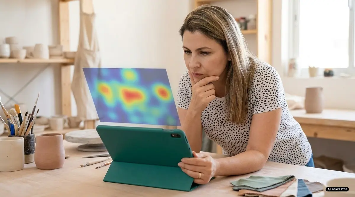 Woman analyzing a heatmap on a tablet in a pottery studio