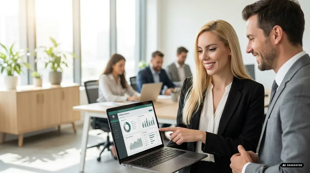 Smiling professionals reviewing charts on a laptop