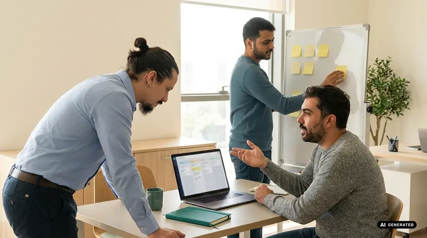 Three men in a meeting, using a laptop and whiteboard