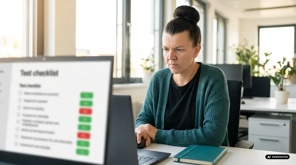 Person working on a laptop with a checklist on screen in a bright office