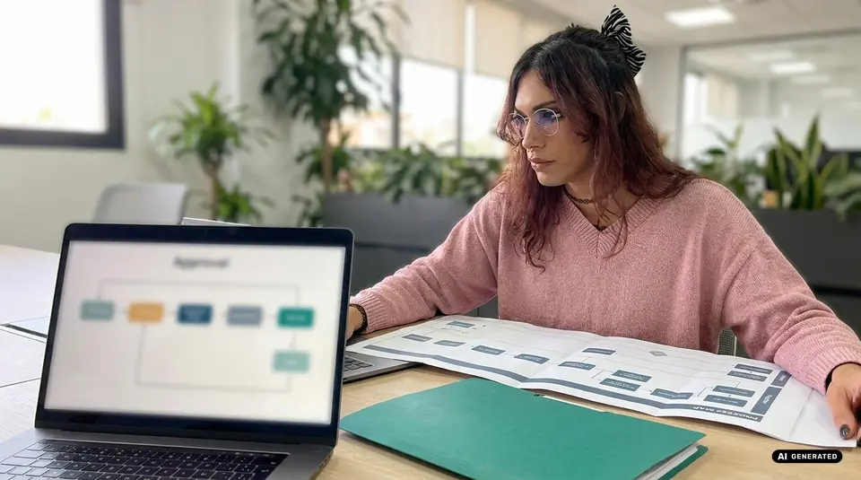Person analysiert Flussdiagramm auf Laptop und Papier am Büroschreibtisch