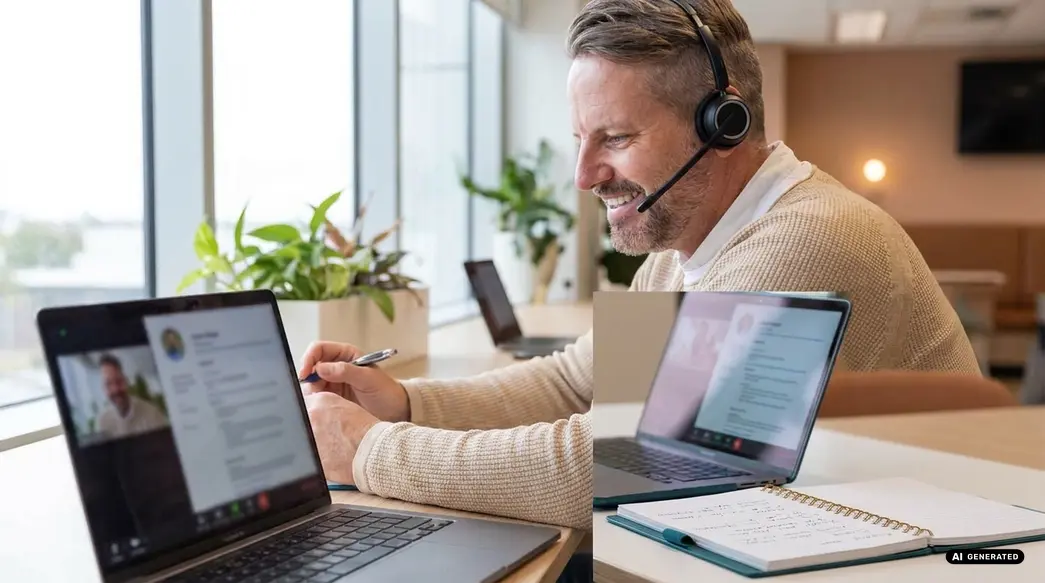Mann lächelt während eines Videoanrufs, verwendet einen Laptop mit Kopfhörern