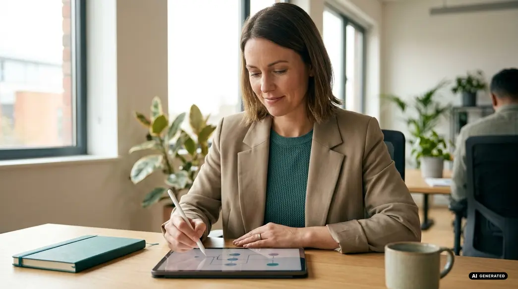 Frau in einem Büro verwendet ein Tablet mit einem Stift