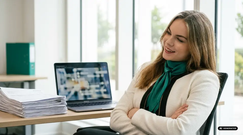 Frau lächelt mit Laptop und Papierstapel im Büro