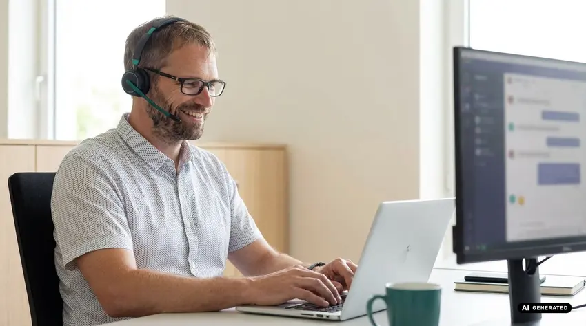 Man smiling wearing a headset working on a laptop