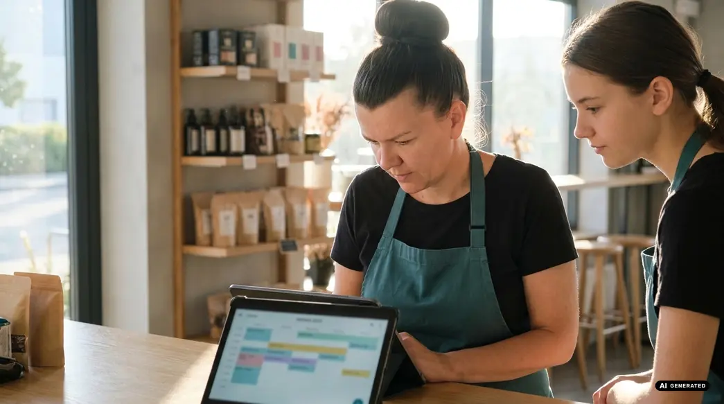 Zwei Café-Mitarbeiter überprüfen einen Zeitplan auf einem Tablet