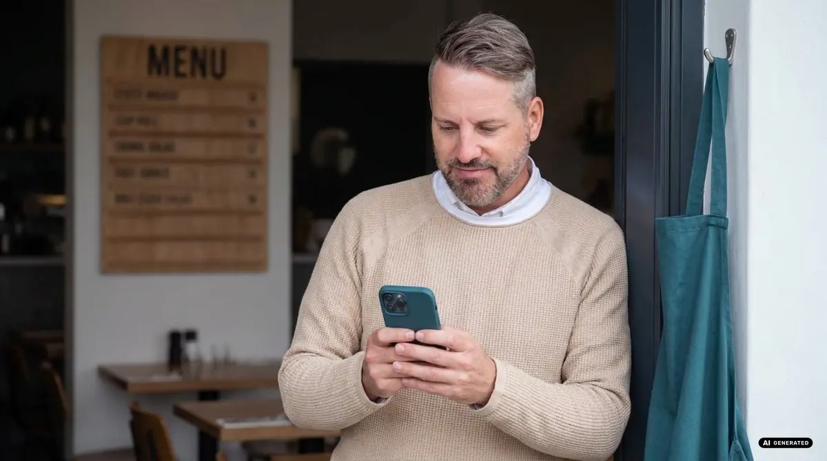Man checking his smartphone in a café setting