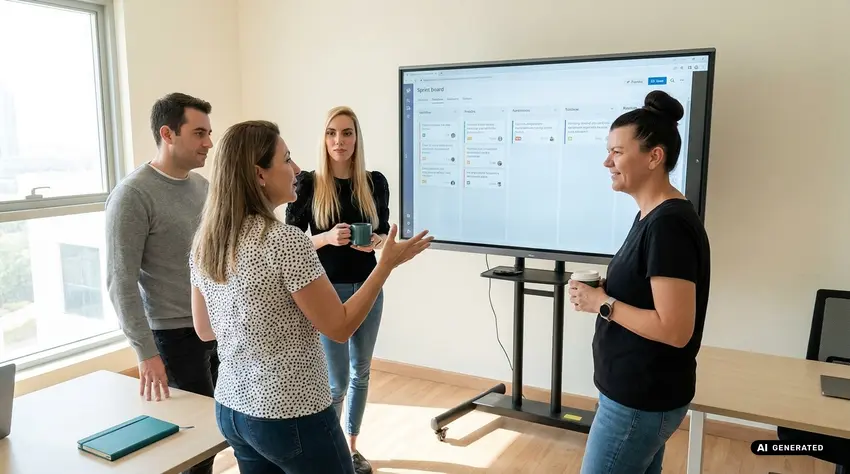 Four people discussing in front of a digital board in an office setting.