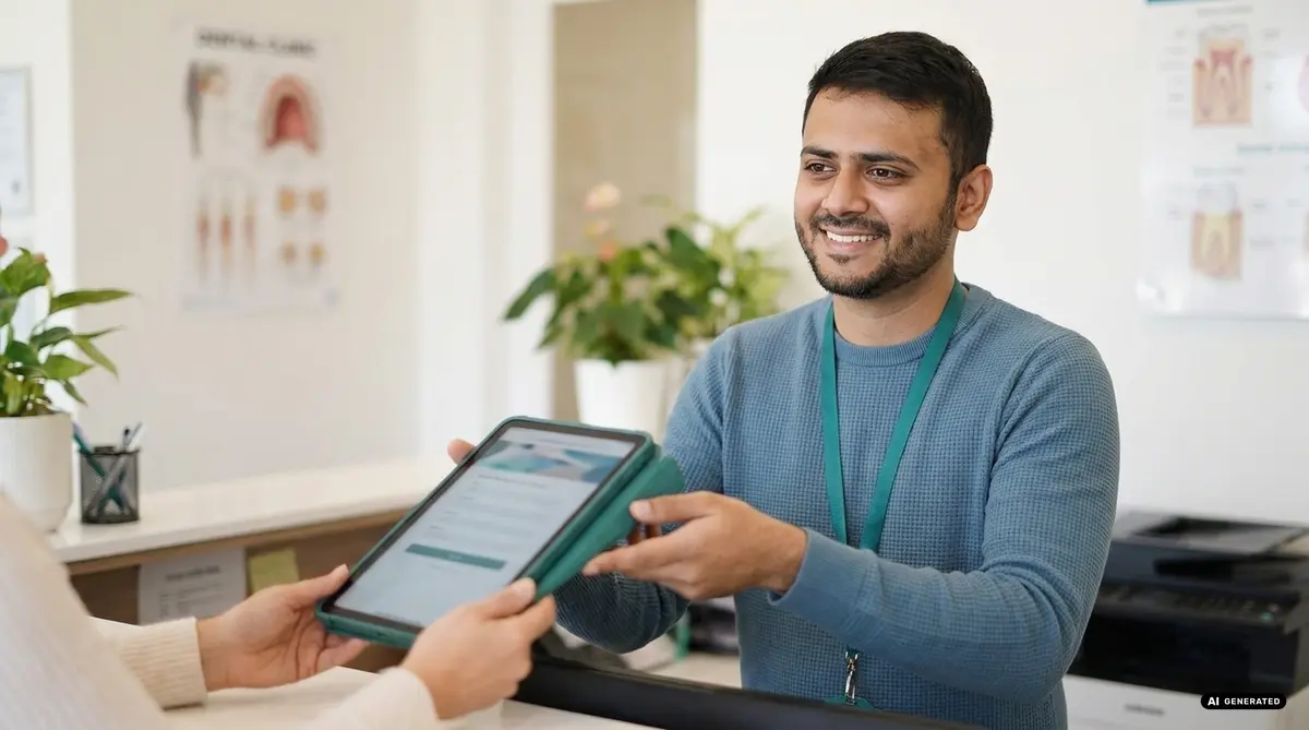 A smiling receptionist hands a tablet to a customer at the desk