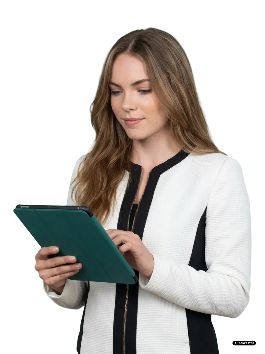 Woman in white blazer using a tablet