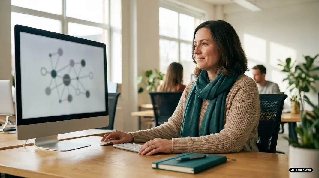 Frau sitzt an einem Schreibtisch und nutzt einen Computer mit Netzwerkdiagramm auf dem Bildschirm.
