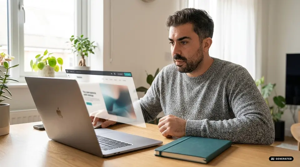 Man in gray sweater working at a laptop with notepad