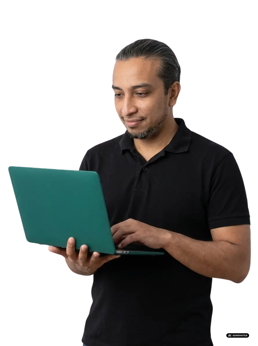 Man in black polo typing on a teal laptop