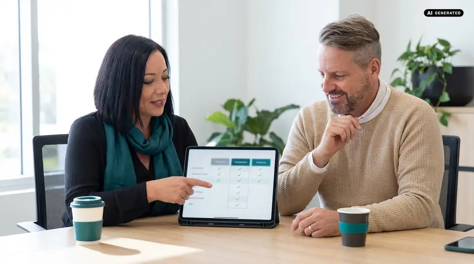 Zwei Kollegen diskutieren über ein Tablet mit Häkchen