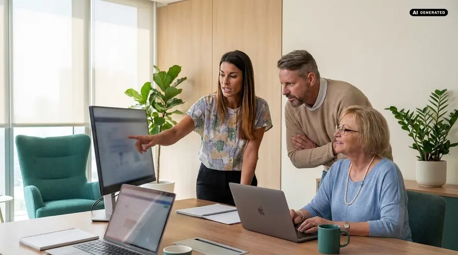 Team discussing at computers in office