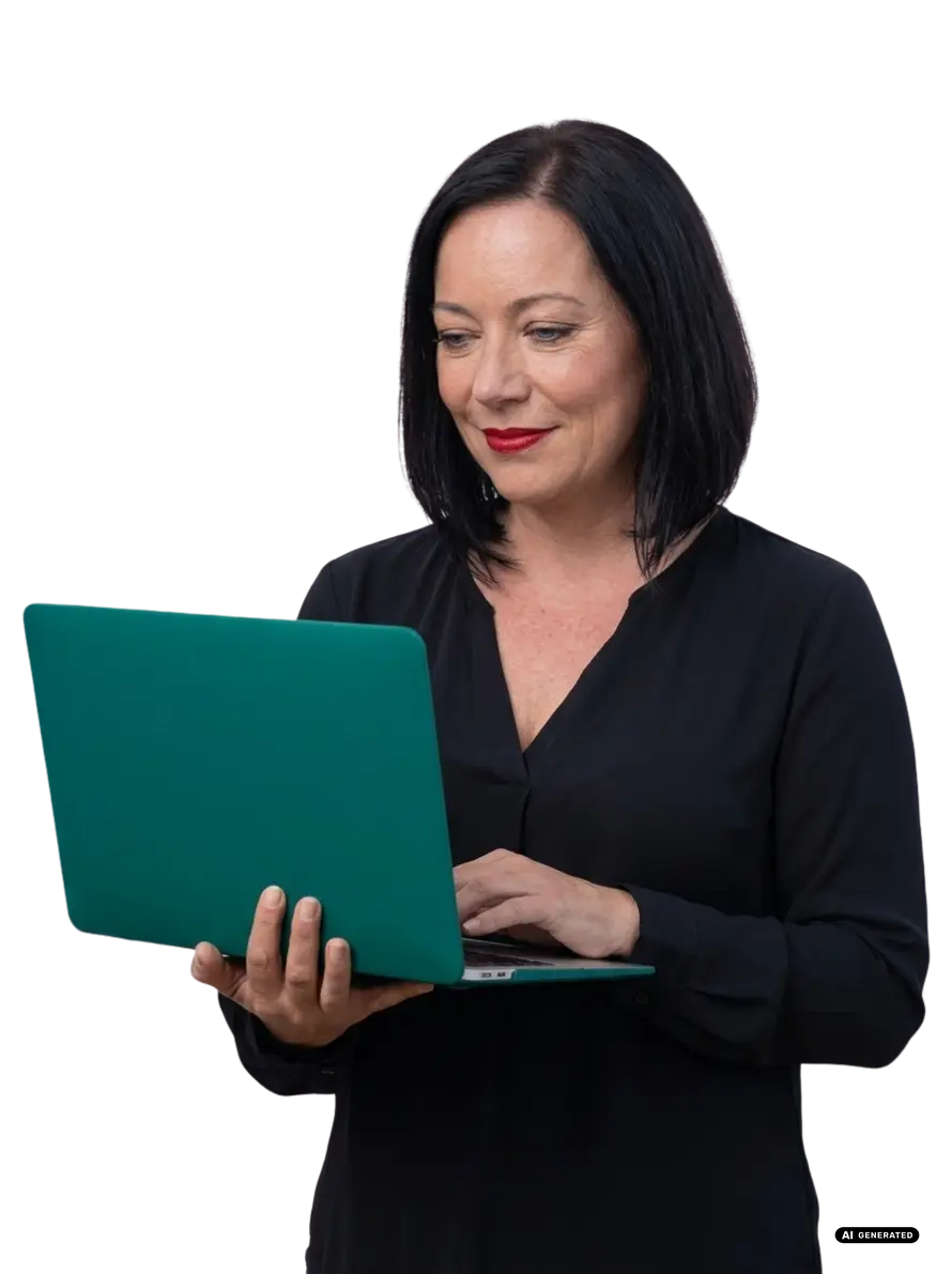 Woman with black hair using a teal laptop