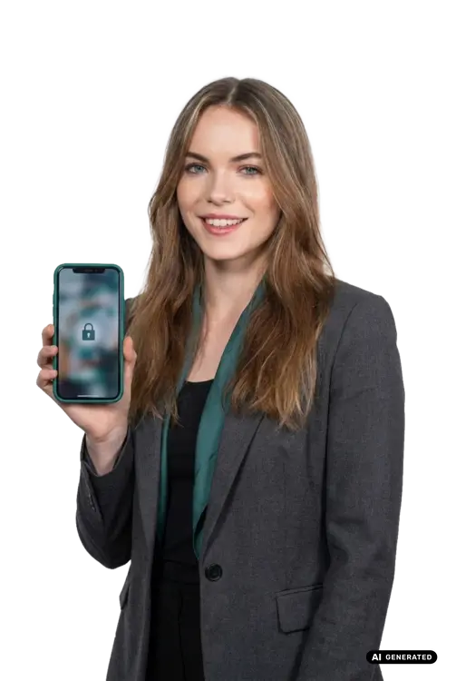 Smiling woman in a suit holding a smartphone with a lock icon