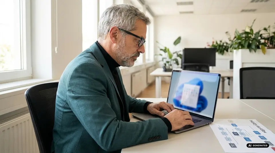 Man in suit working on a laptop at a desk