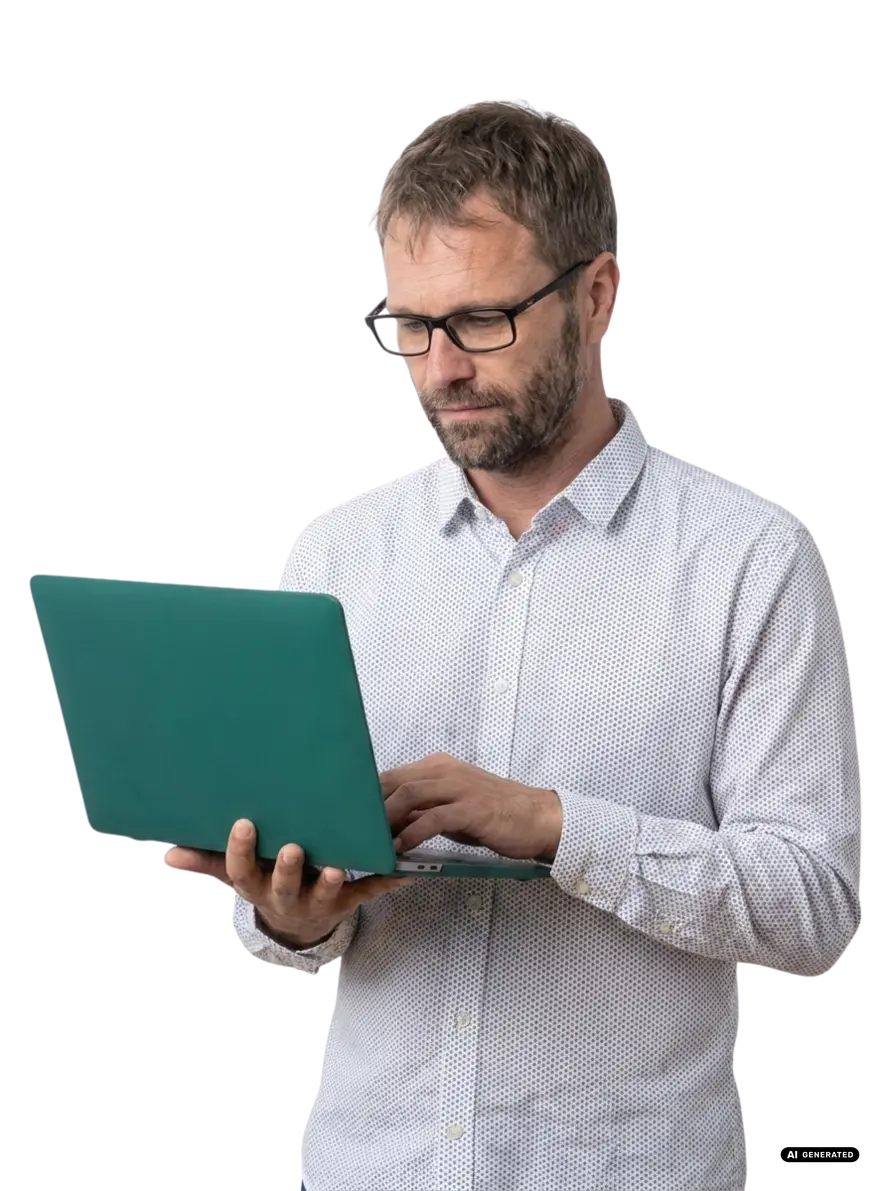 Man in glasses using a green laptop