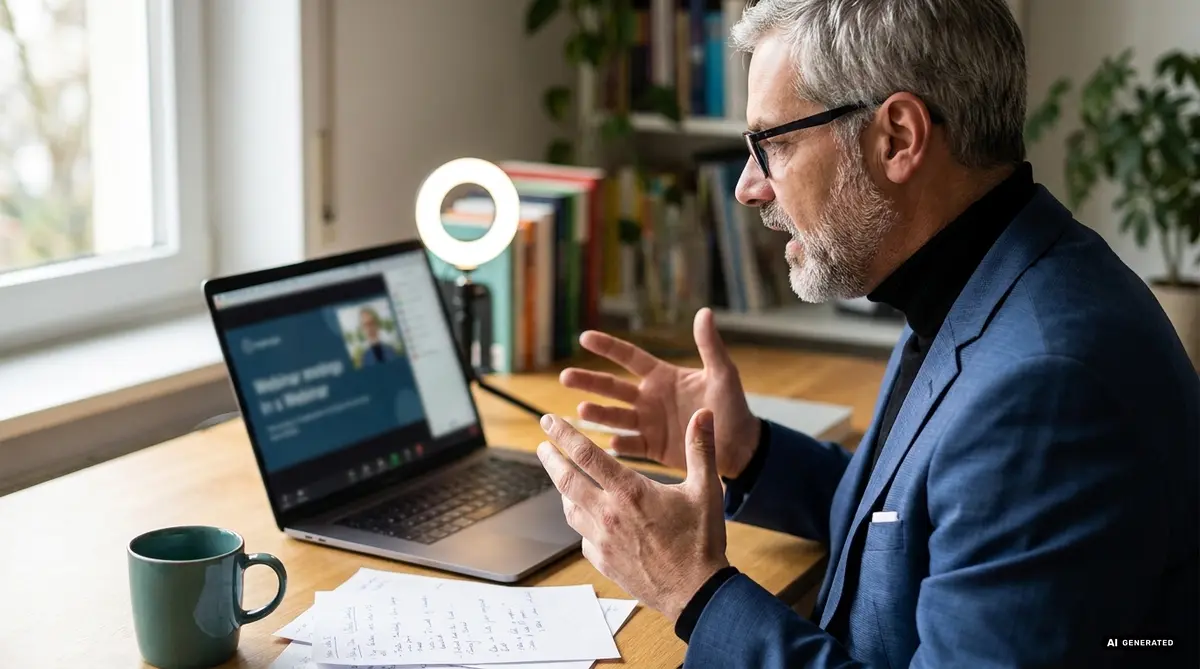 Person in a suit on a video call with laptop and notes