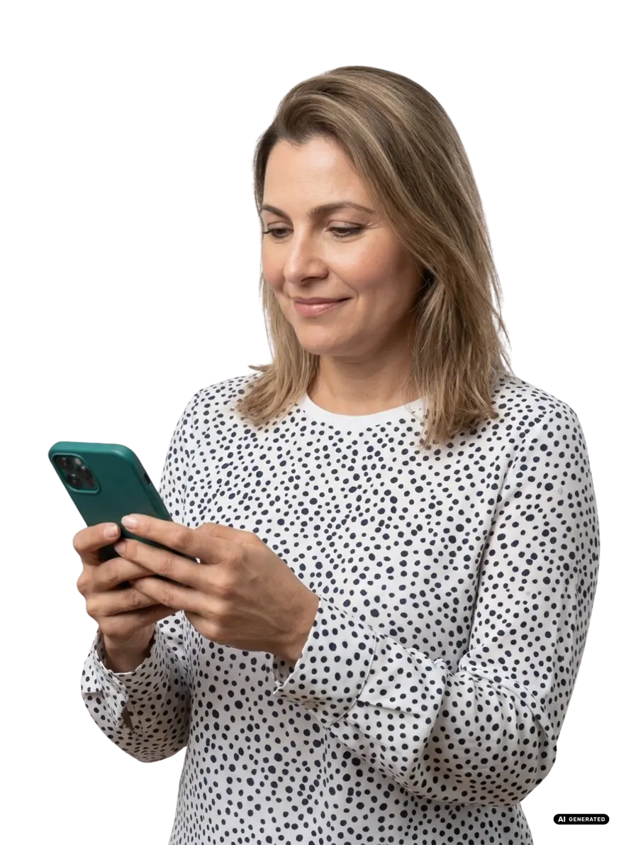 Woman with polka dot shirt using smartphone