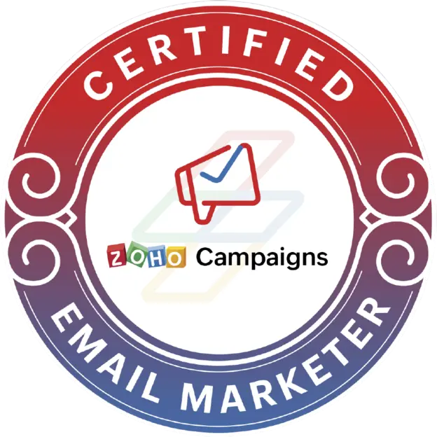 Badge showing Certified Email Marketer with Zoho Campaigns logo