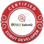 Red badge with Certified Zobot Developer and Zoho SalesIQ logo