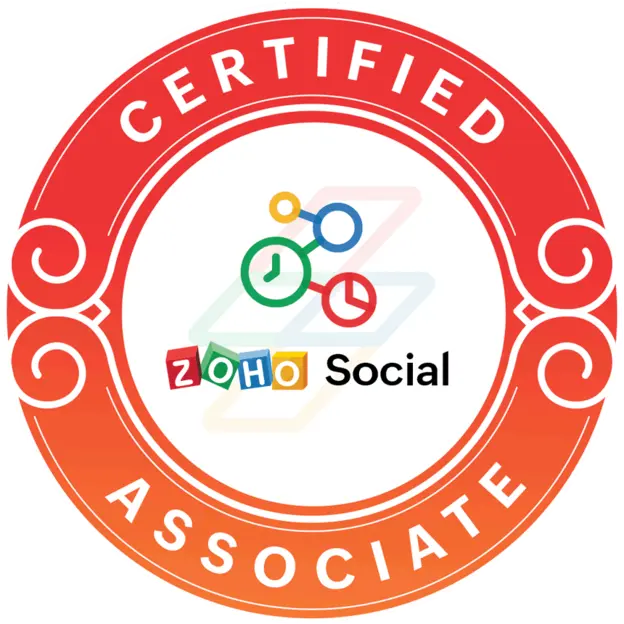 Red circular badge with Zoho Social Certified Associate text