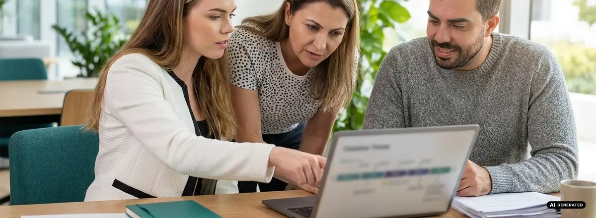 Three colleagues discussing with a laptop in an office setting