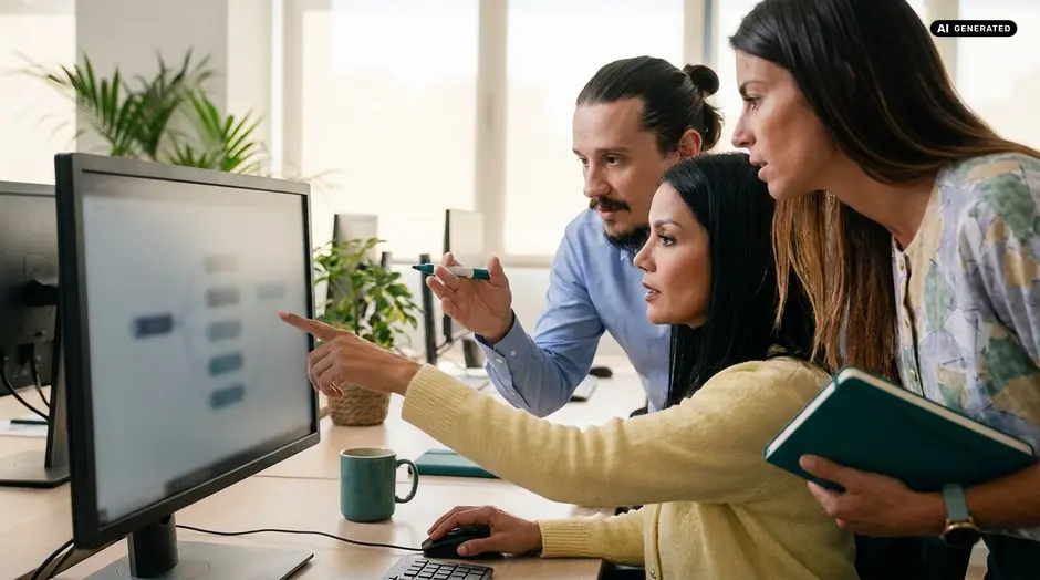 Drei Personen arbeiten vor einem Computerbildschirm zusammen