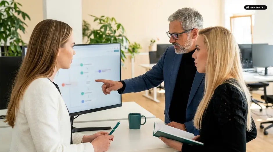 Colleagues discussing a project at a computer screen in an office