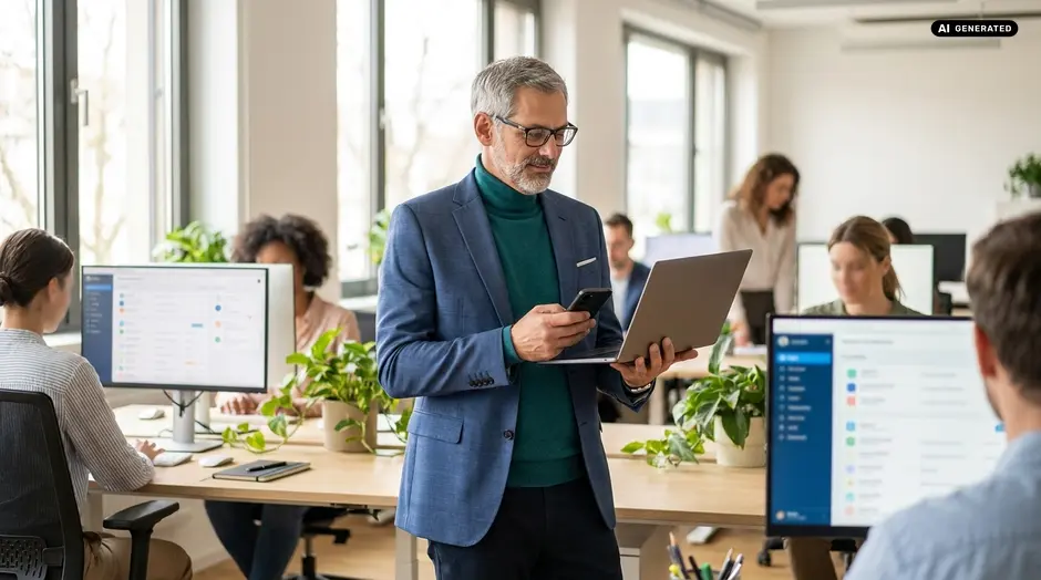 Office worker using laptop and phone in a modern office