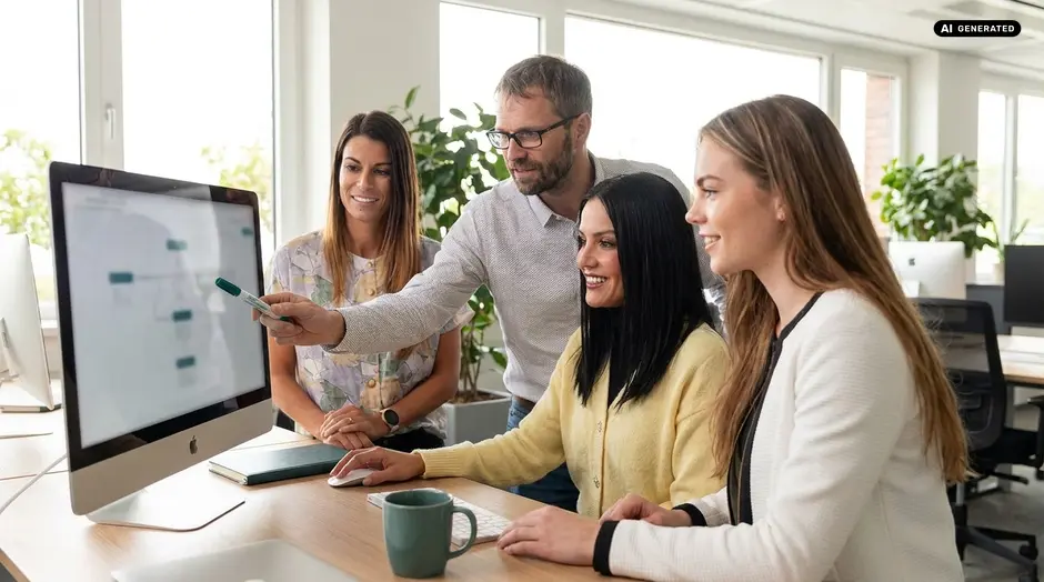 Gruppe von vier Personen, die in einem hellen Büro mit einem Computer zusammenarbeiten.