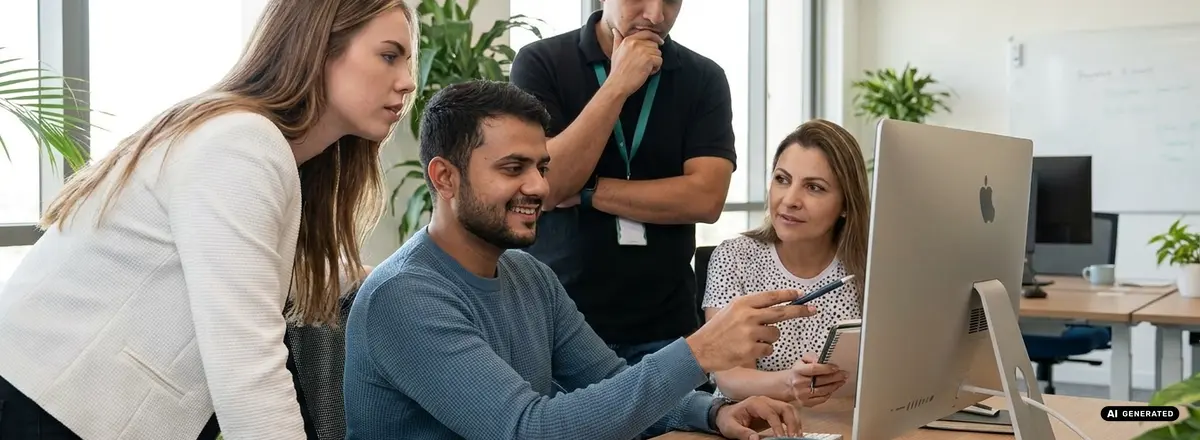 Four colleagues discussing a project in front of a computer