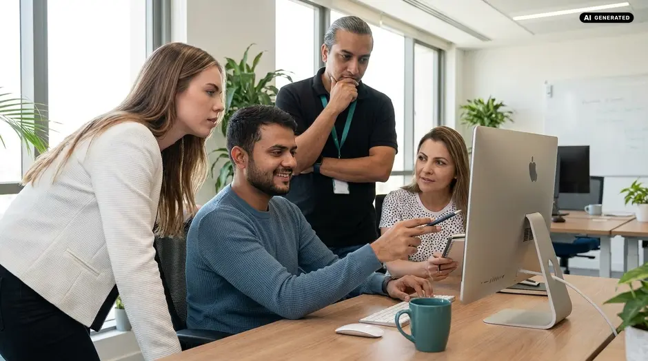 Four colleagues discussing a project in front of a computer