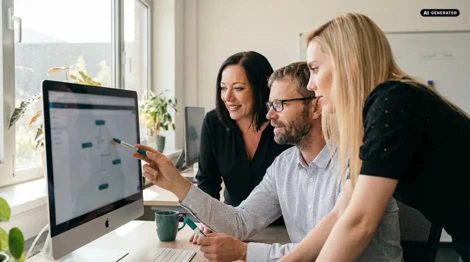 Three people discussing a project in front of a computer monitor at the office