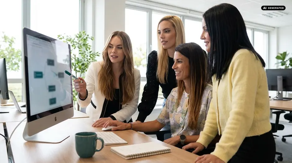 Four women collaborating at a computer workstation in an office