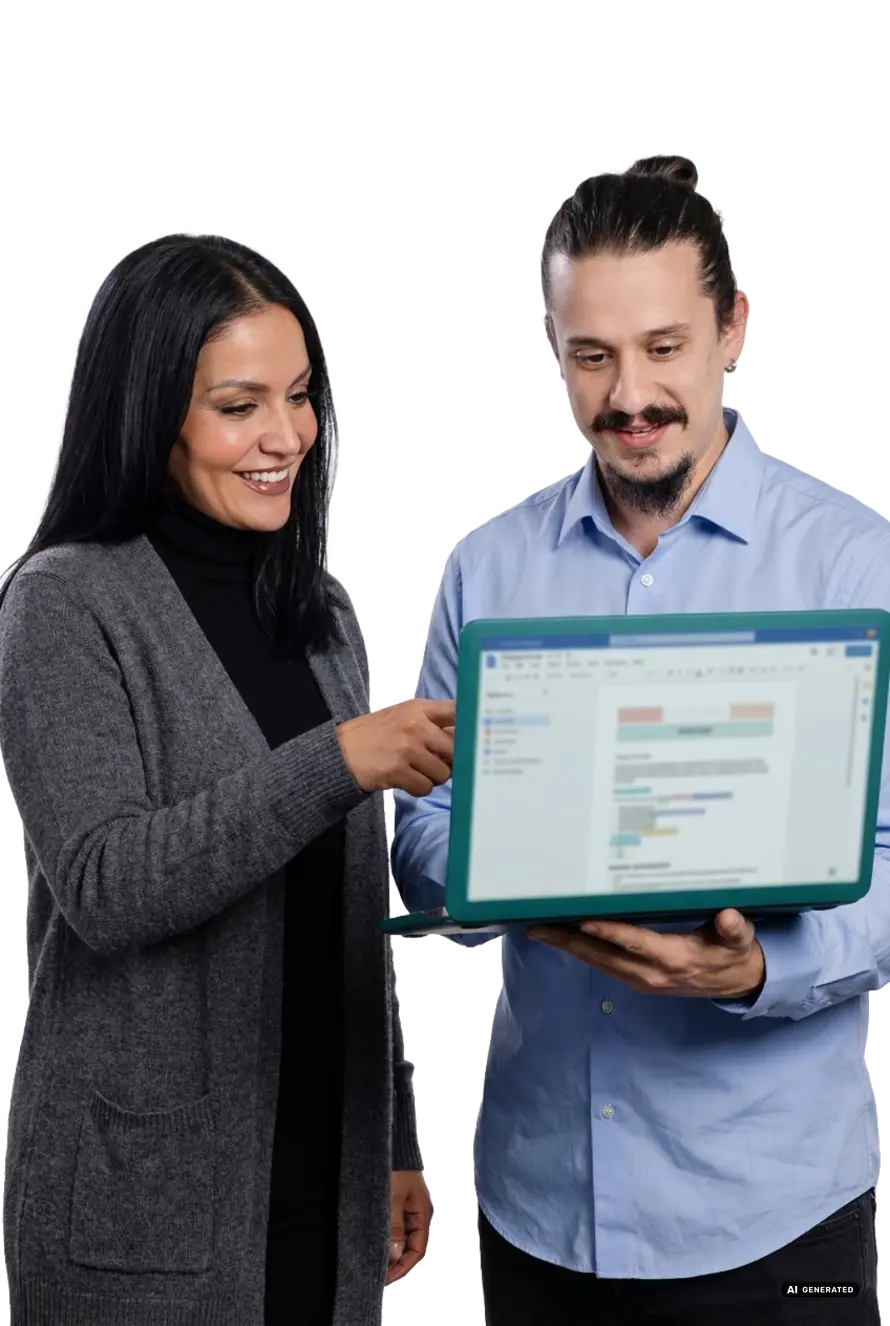 Two people looking at a laptop screen together.